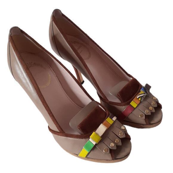 Vintage EMILIO PUCCI Heels Pumps Size 6‎ Shoes Fringe Leather Tan Multicolor - Picture 1 of 10